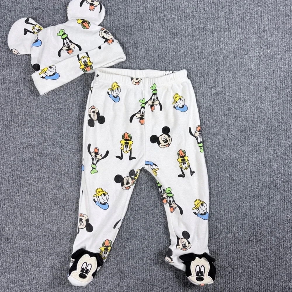 Disney Baby Mickey Mouse Goofy Donald Footed Pants and Beanie Set‎ 3-6M